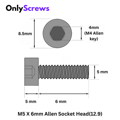 TVS M5 X 6mm Hex (Allen) Socket Head High Tensile(12.9) Black anodized screw