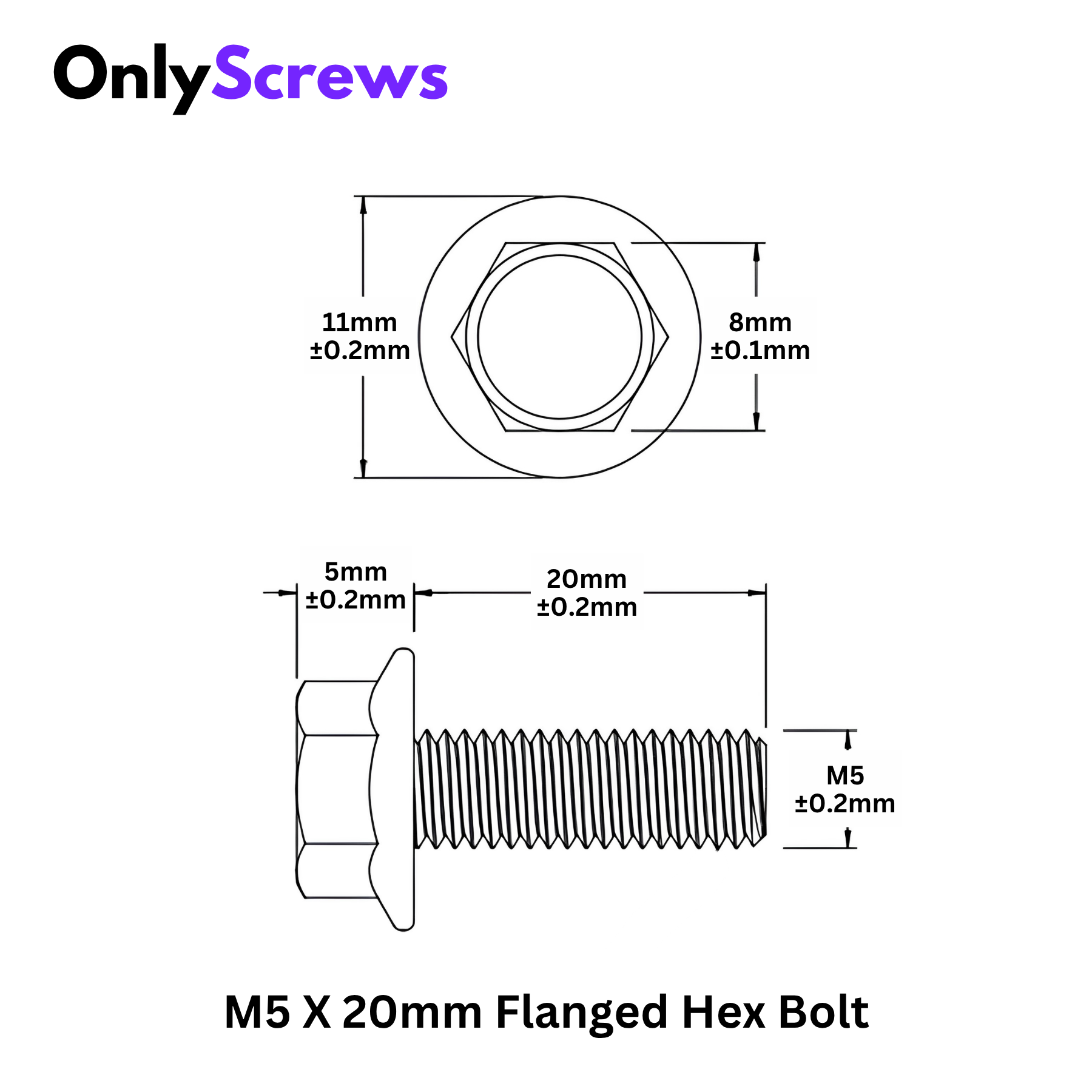 M5 X 20mm Flanged Hex Bolt High Tensile(8.8) with Zinc Plating (Dia: 5mm, Length: 20mm)