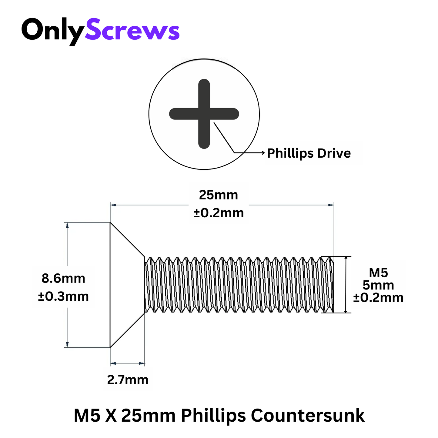 M5 X 25mm Phillips CSK Mild Steel with Nickel Plating Screw (Dia. 5mm, Length 25mm)