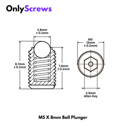 M5 X 8mm Ball Plunger Grub Screw Stainless Steel 304 (SS304) Spring Loaded Ball Detent