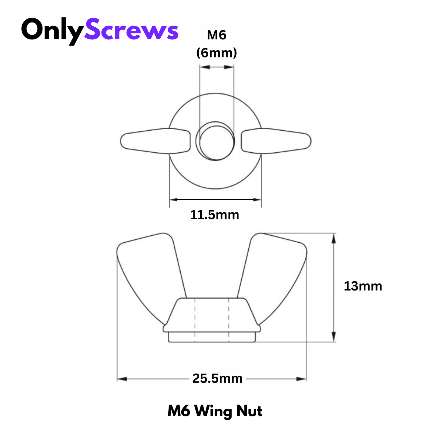 M6 Wing Nut SS304 with dimensions