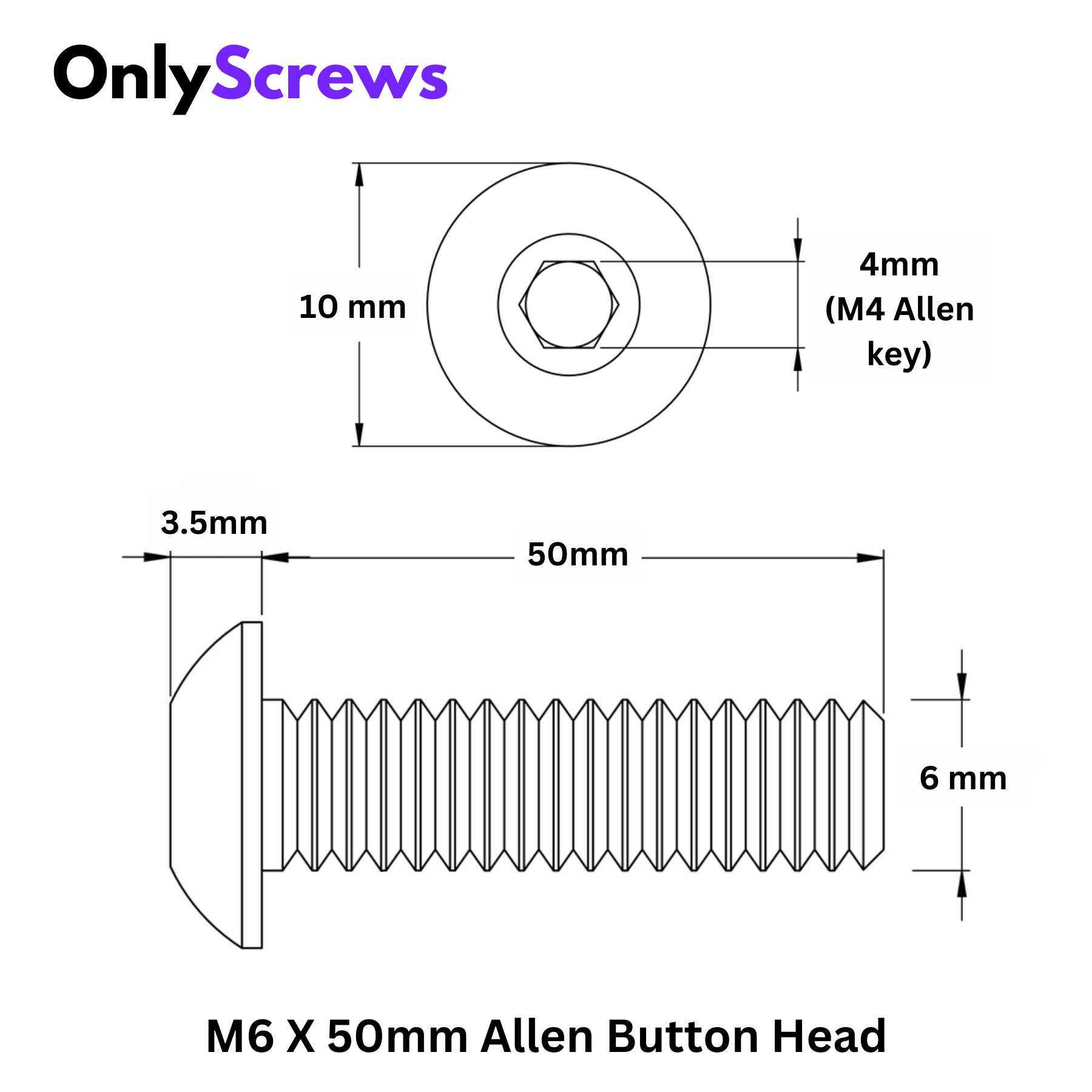 M6 X 50mm Hex (Allen) Button Head SS 304 Screw with dimensions