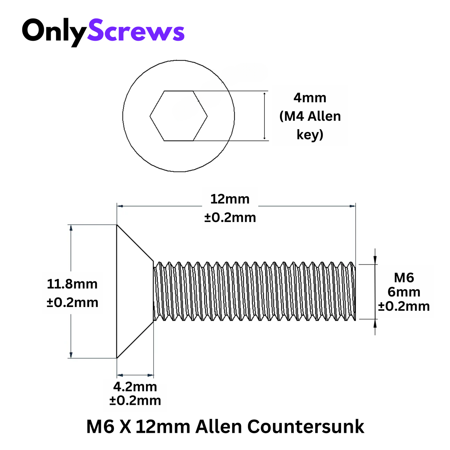 M6 X 12mm Hex (Allen) CSK High Tensile(10.9) Black Oxide Screw (Dia. 6mm, Length 12mm)