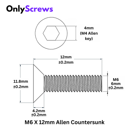 M6 X 12mm Hex (Allen) CSK High Tensile(10.9) Black Oxide Screw (Dia. 6mm, Length 12mm)