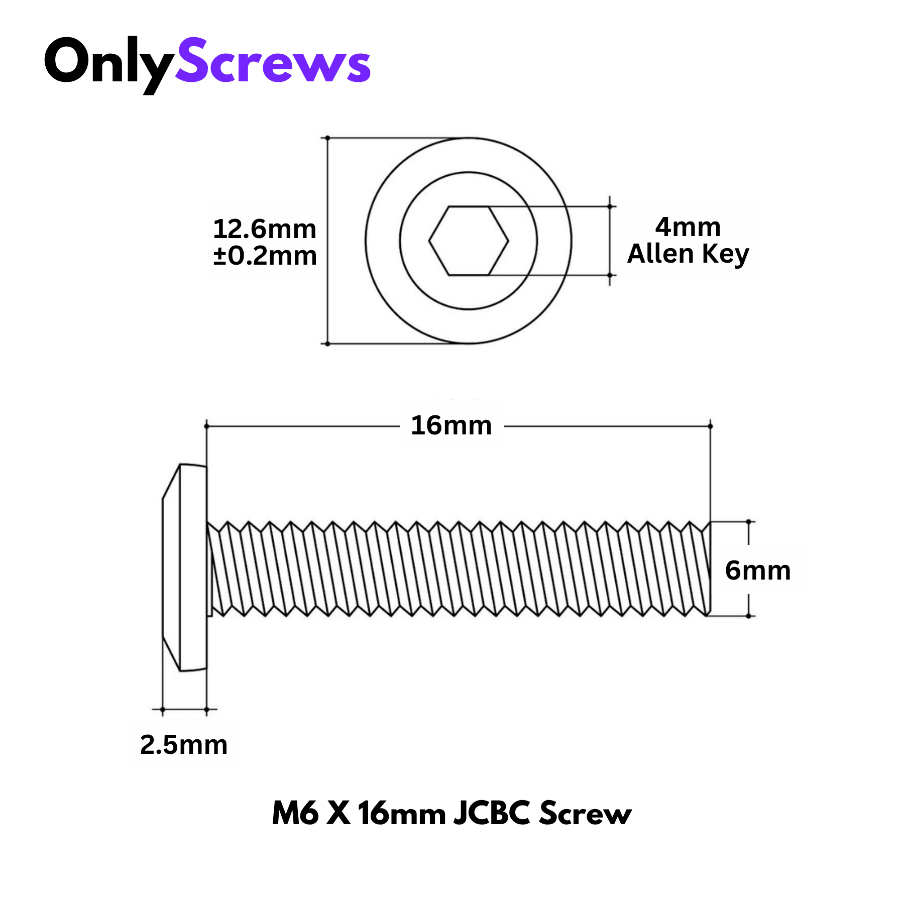M6 X 16mm Hex (Allen) JCBC High Tensile 12.9 Black Oxide Screw 