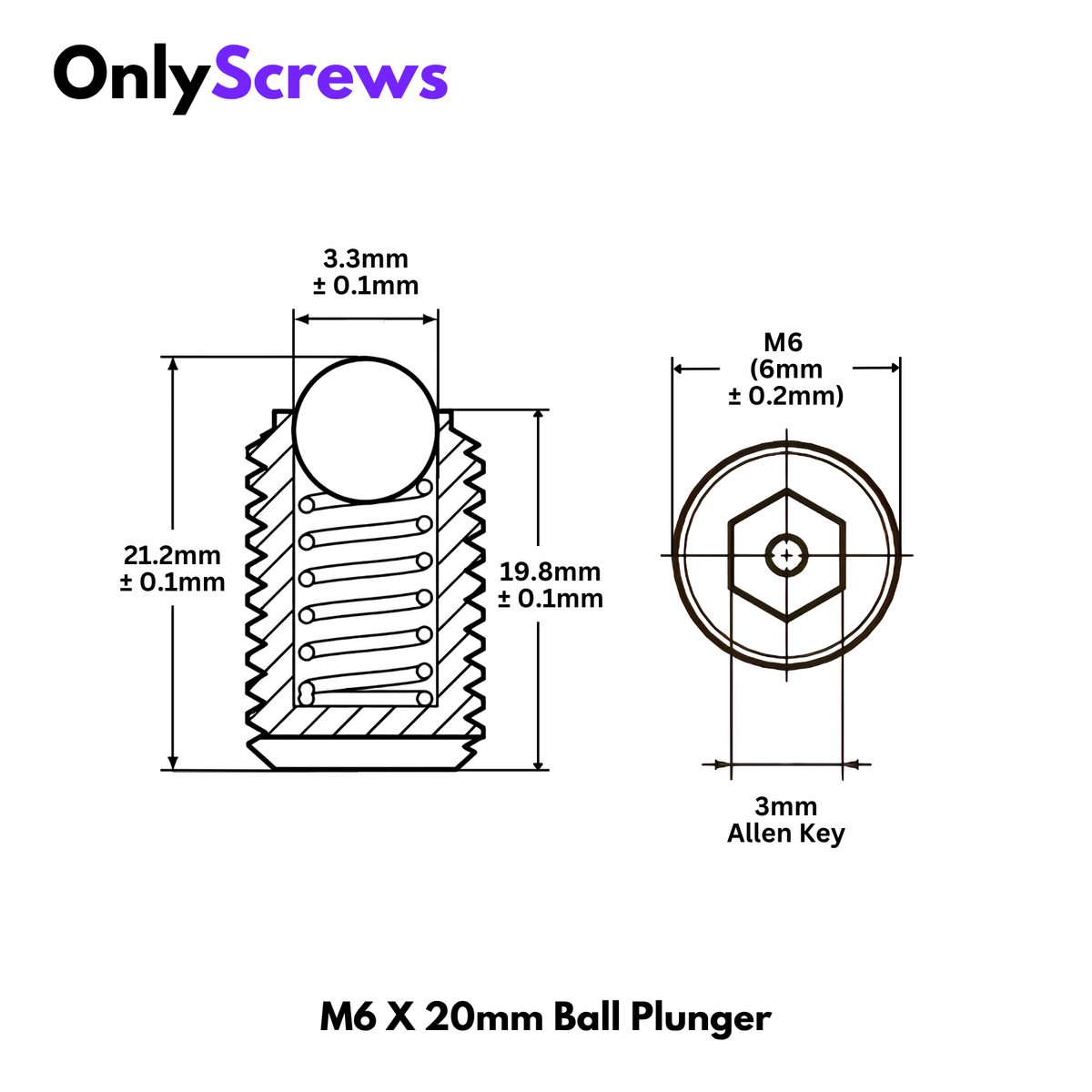 M6 X 20mm Ball Plunger Grub Screw Stainless Steel 304 (SS304) Spring Loaded Ball Detent