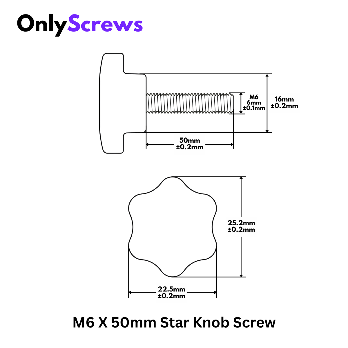 M6 X 50mm Six Star Head Knob Screw (Dia: 6mm Length: 50mm)