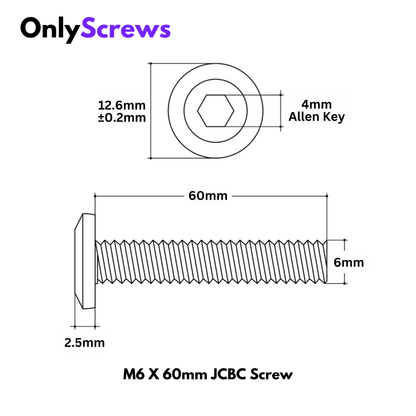 M6 X 60mm Hex (Allen) JCBC High Tensile 12.9 Black Oxide Screw