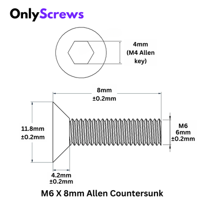 M6 X 8mm Hex (Allen) CSK High Tensile(10.9) Black Oxide Screw (Dia. 6mm, Length 8mm)