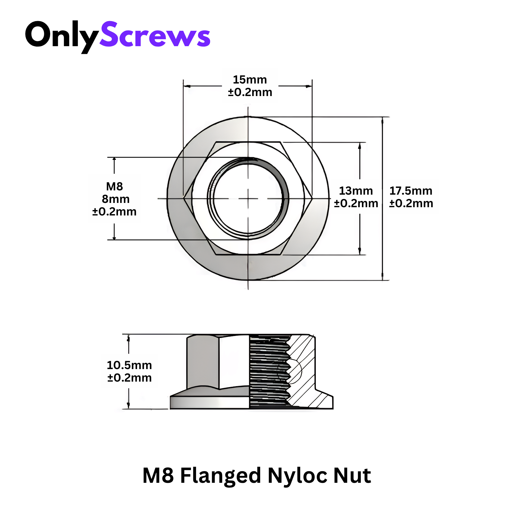 M8 Flanged Nyloc Nut Mild Steel with Nickel Plating (Dia: 8mm)