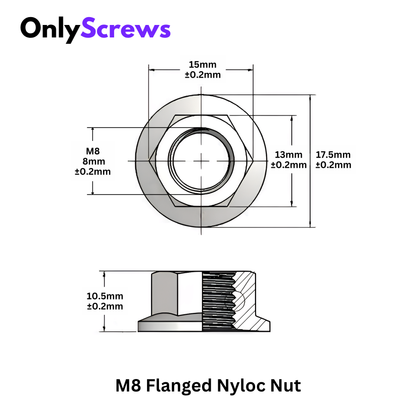 M8 Flanged Nyloc Nut Mild Steel with Nickel Plating (Dia: 8mm)
