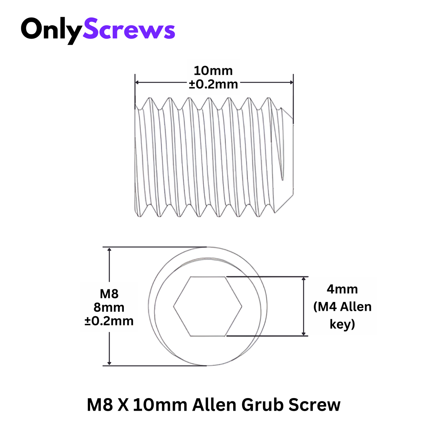M8 X 10mm Grub Screw SS304 (Dia. 8mm, Length 10mm)