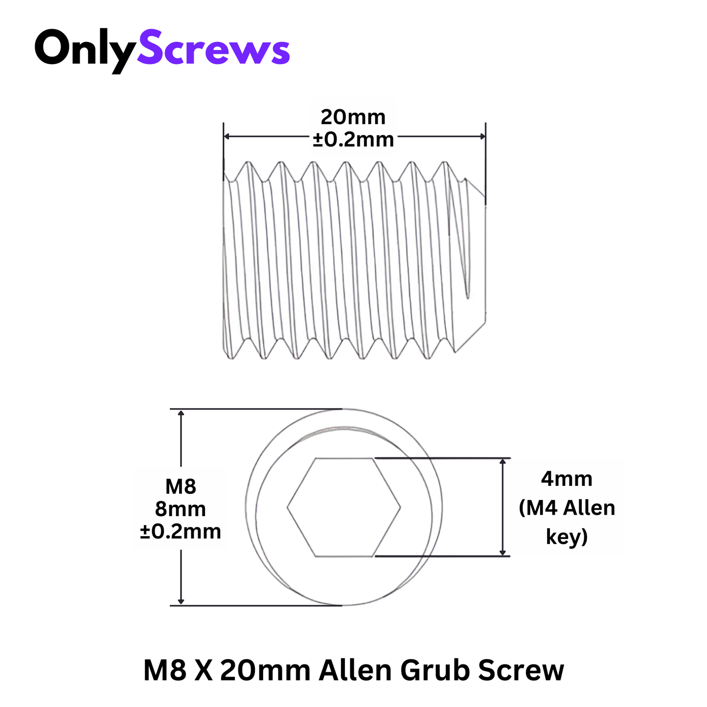 M8 X 20mm Grub Screw SS304 (Dia. 8mm, Length 20mm)