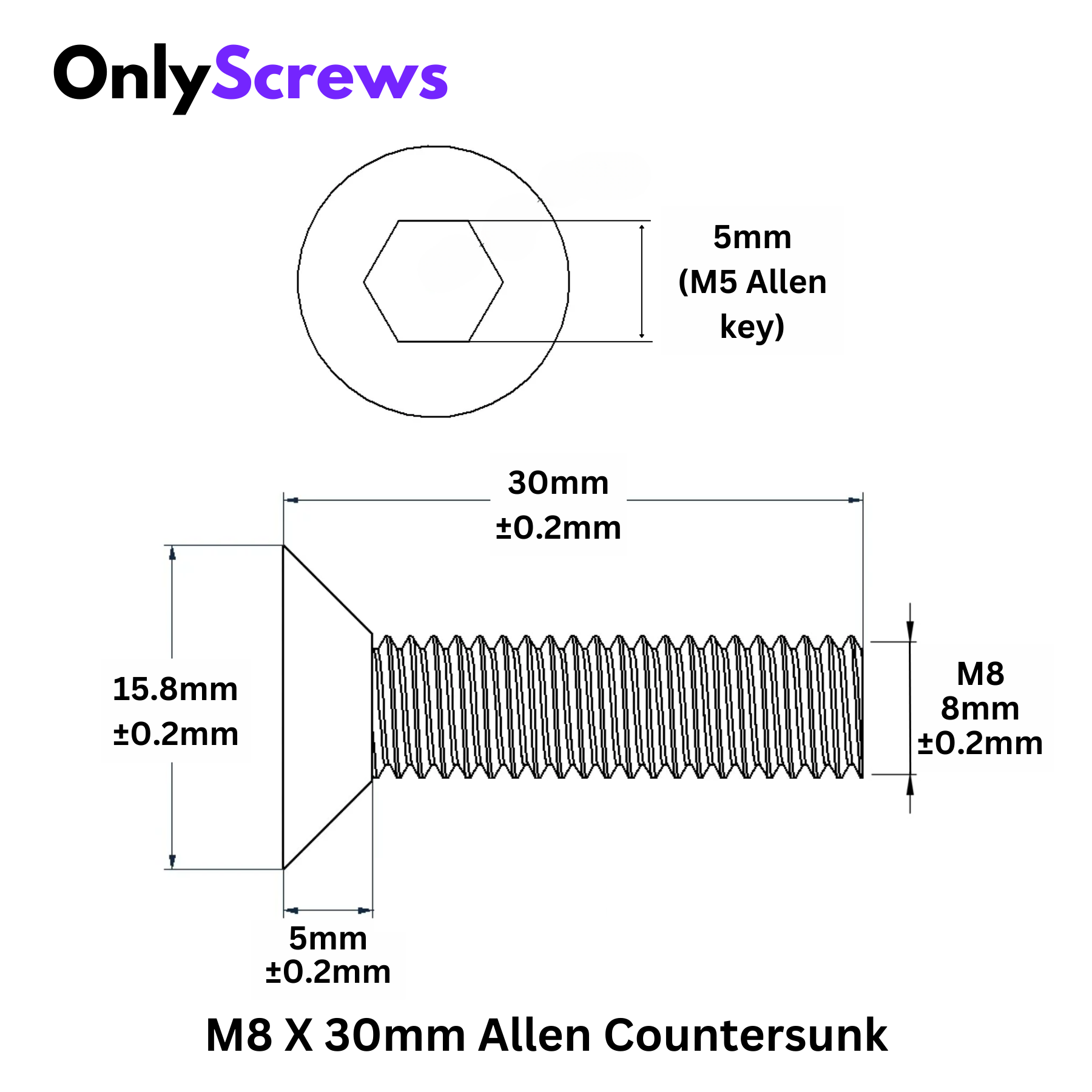 M8 X 30mm Hex (Allen) CSK High Tensile(10.9) Black Oxide Screw (Dia. 8mm, Length 30mm)