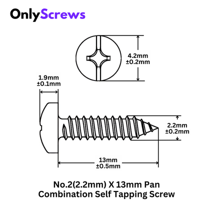 No.2(2.2mm) X 13mm Combination Pan Head Self Tapping Wood Screw Mild Steel with Zinc plating