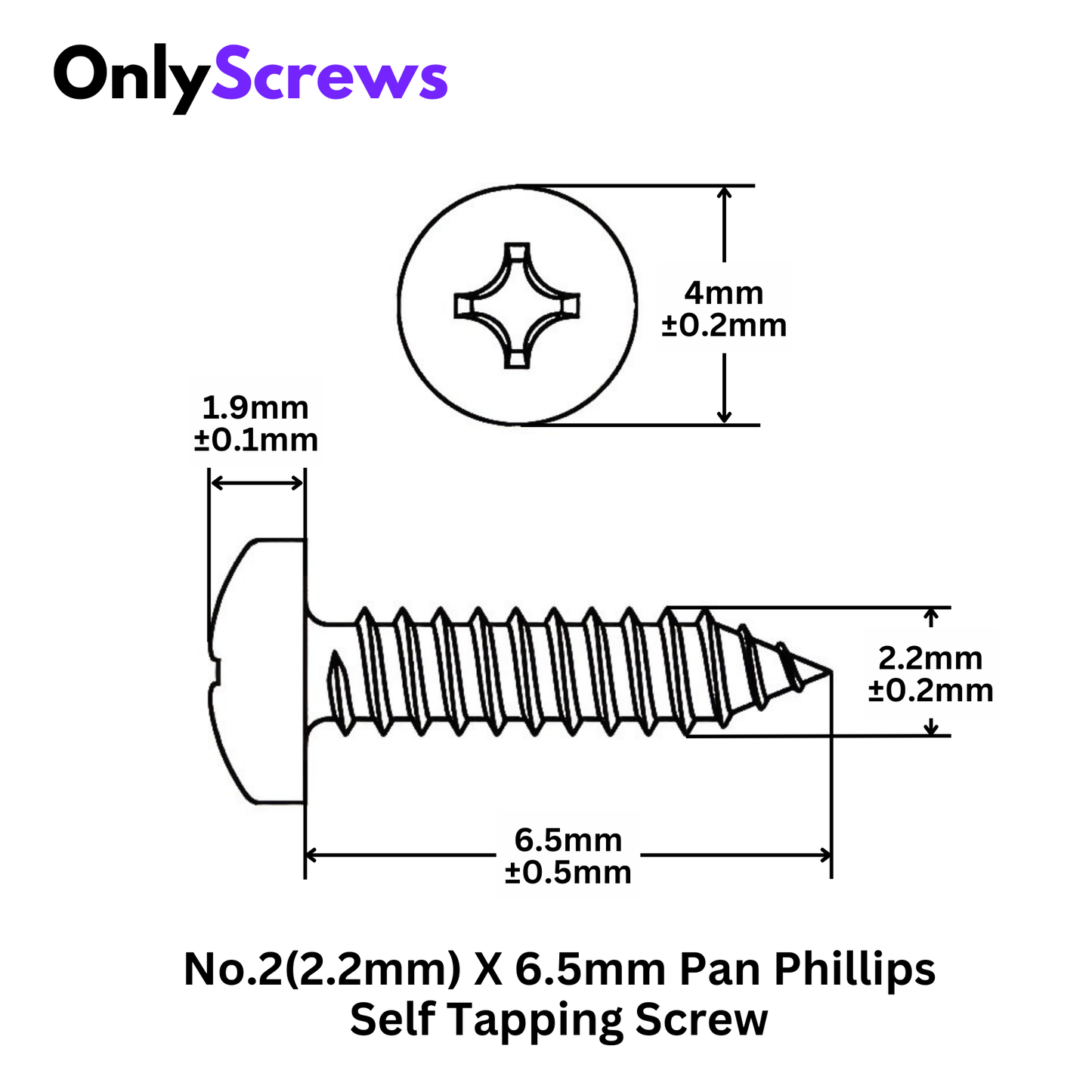 No.2(2.2mm) X 6.5mm Phillips Pan Head Self Tapping Wood Screw Mild Steel with Zinc plating
