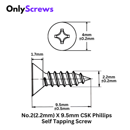 No.2(2.2mm) X 9.5mm Phillips CSK Self Tapping Wood Screw Mild Steel with Zinc plating