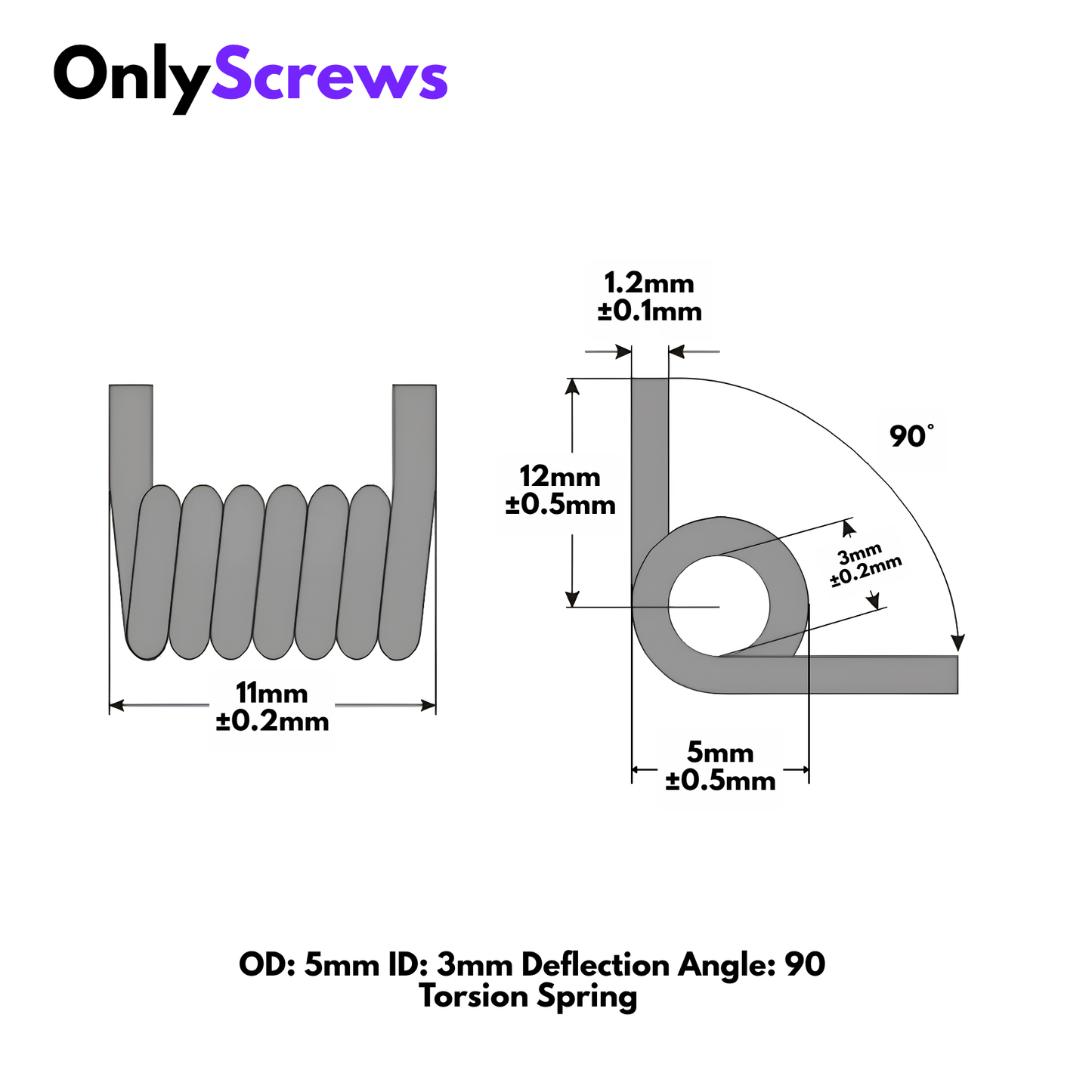 OD: 5mm ID: 3mm L: 11mm Deflection Angle: 90 Torsion Spring Stainless Steel 304