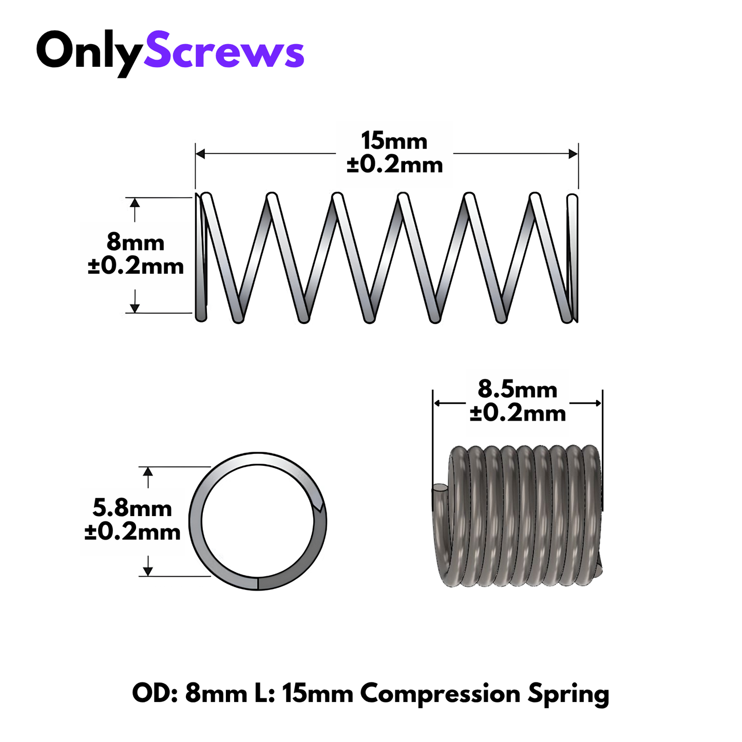 OD: 8mm, Free Length: 15mm, Wire Dia: 1mm Compression Spring Stainless Steel 304