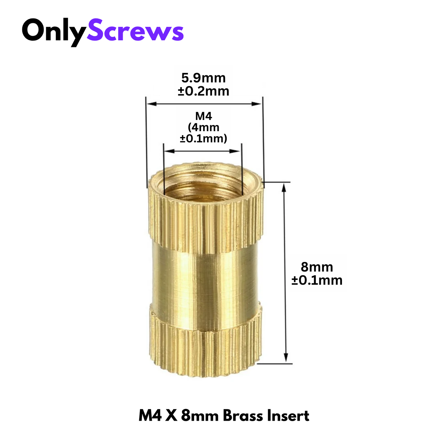 M4 X 8mm Brass Threaded Inserts (Dia. 4mm, Length 8mm)