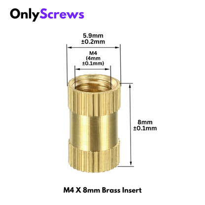 M4 X 8mm Brass Threaded Inserts (Dia. 4mm, Length 8mm)
