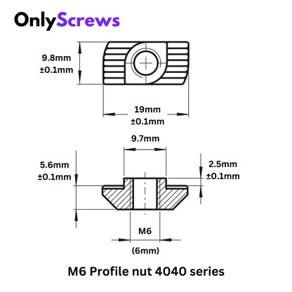 M6 Profile Nuts Mild Steel with Zinc plating for 4040 series (T Nut/Hammer Nut)