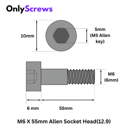 TVS M6 X 55mm Hex (Allen) Socket Head High Tensile(12.9) Black anodized screw