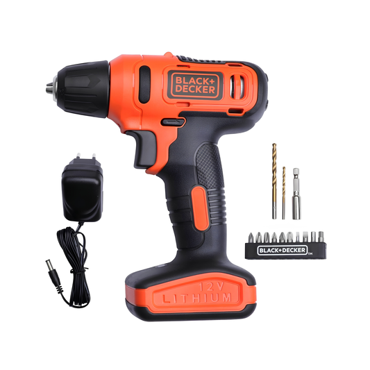 BLACK + DECKER LD12SP 12V 10mm Li-ion Cordless Variable Speed Reversible Drill Machine Driver with 10 Screwdriver & 2 Drill Machine Bits for Home & DIY Use, 1 Year Warranty
