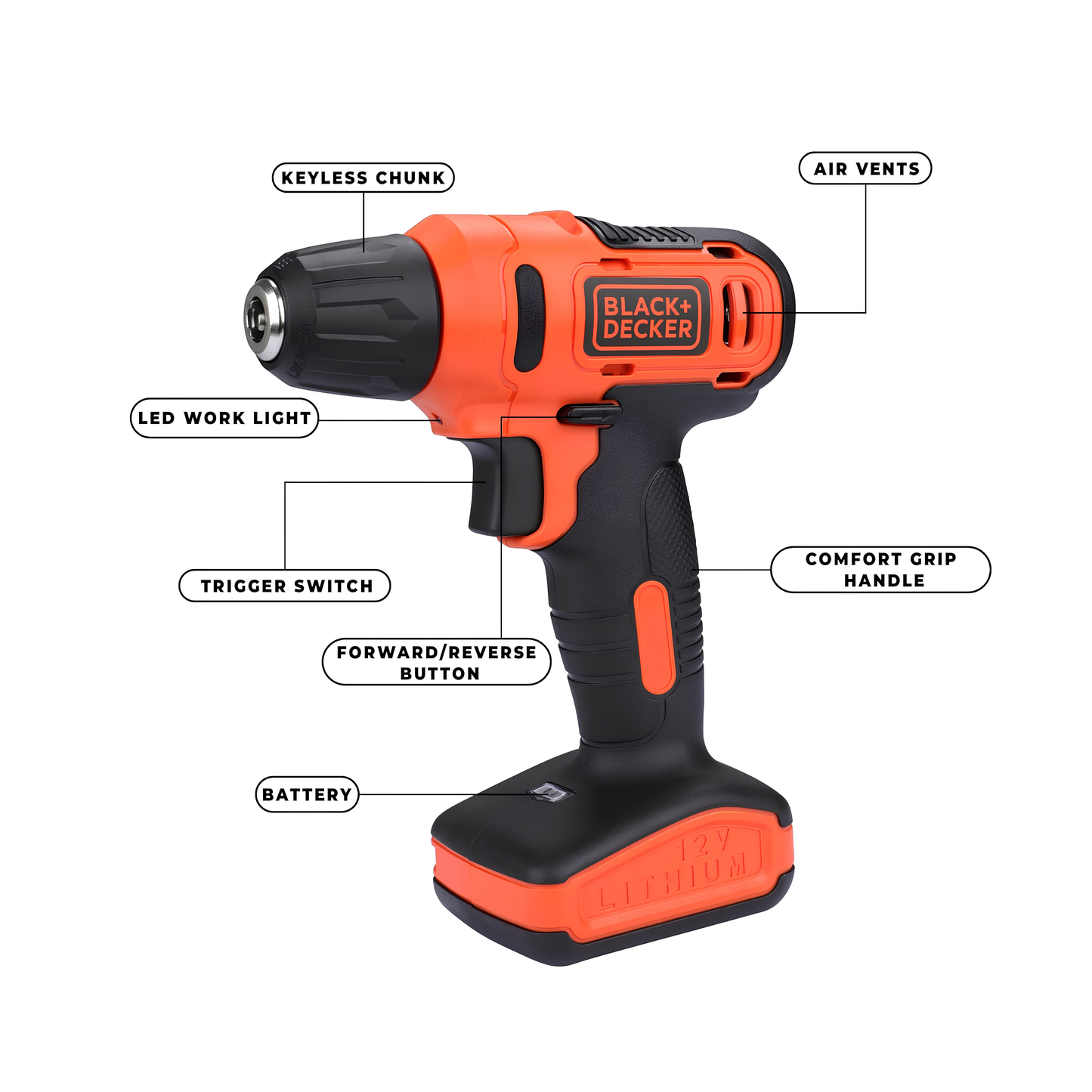 BLACK + DECKER LD12SP 12V 10mm Li-ion Cordless Variable Speed Reversible Drill Machine Driver with 10 Screwdriver & 2 Drill Machine Bits for Home & DIY Use, 1 Year Warranty