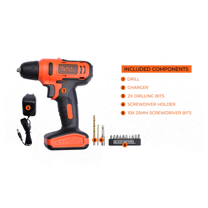 BLACK + DECKER LD12SP 12V 10mm Li-ion Cordless Variable Speed Reversible Drill Machine Driver with 10 Screwdriver & 2 Drill Machine Bits for Home & DIY Use, 1 Year Warranty