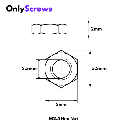 M2.5 hex nut with dimensions