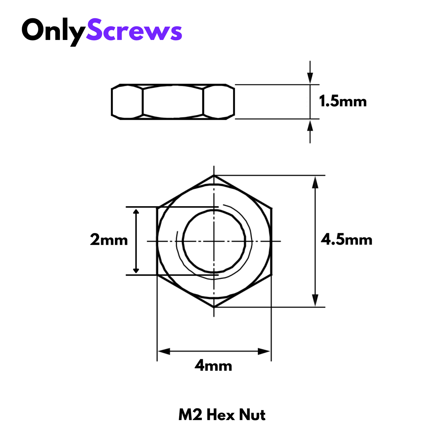 M2 hex nut with dimensions