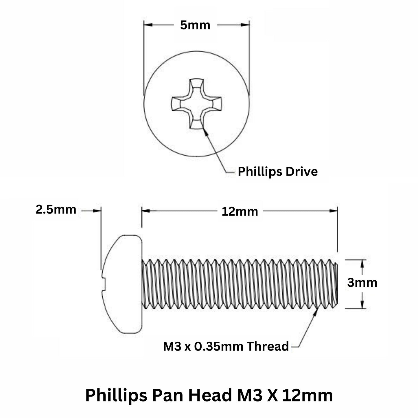 M3 X 12mm Phillips Pan head SS 304 Screw - OnlyScrews