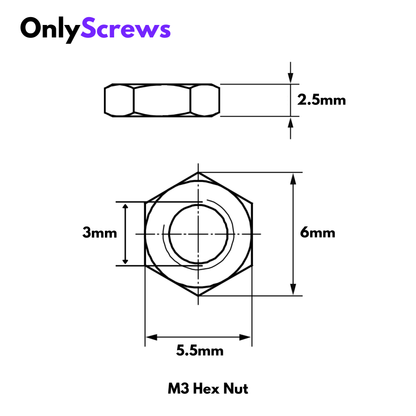 M3 hex nut with dimensions