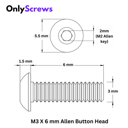 M3 X 6mm Allen Button Head with dimensions