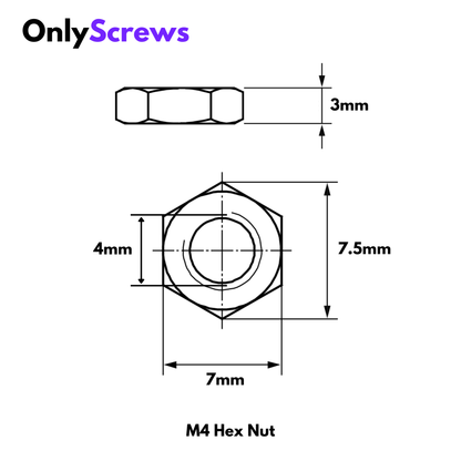 M4 hex nut with dimensions