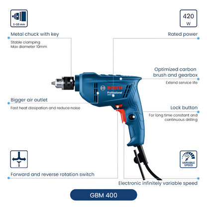 BOSCH GBM 400 Professional 420W Rotary Corded Drill Machine – 10mm Keyed Chuck, Forward & Reverse for Wood, Metal & Plastic with 1 Year Warranty